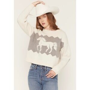 Originality Horse Intarsia Knit Sweater Women XL Cream Gray Excellent Western